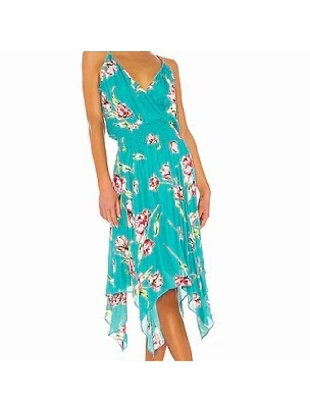 Parker Nolen Dress Womens S Teal Floral Sleeveless V-Neck Midi Smocked
